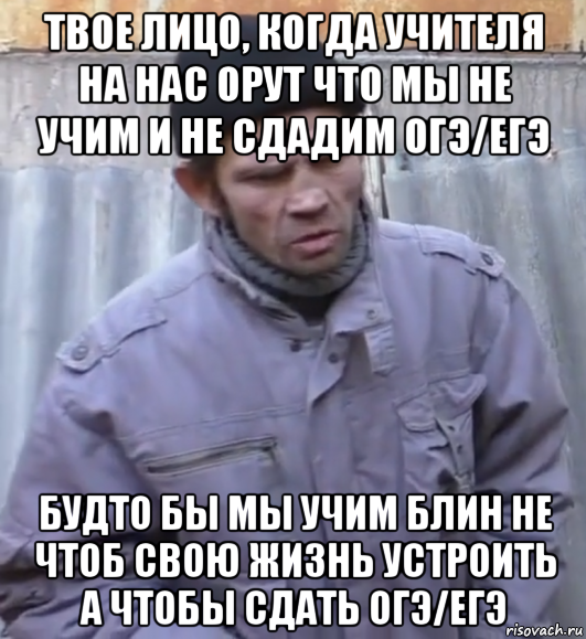 твое лицо, когда учителя на нас орут что мы не учим и не сдадим огэ/егэ будто бы мы учим блин не чтоб свою жизнь устроить а чтобы сдать огэ/егэ, Мем  Ты втираешь мне какую то дичь