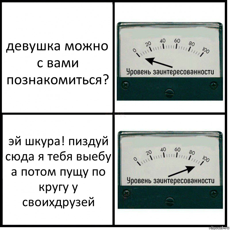 девушка можно с вами познакомиться? эй шкура! пиздуй сюда я тебя выебу а потом пущу по кругу у своихдрузей, Комикс Уровень заинтересованности