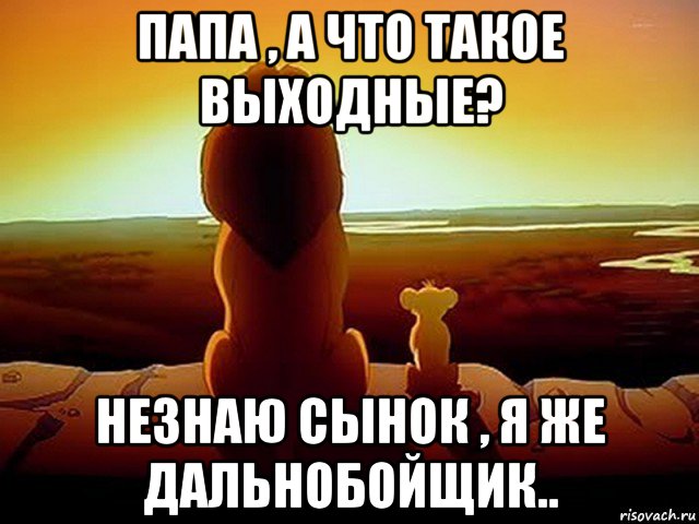 папа , а что такое выходные? незнаю сынок , я же дальнобойщик.., Мем  король лев