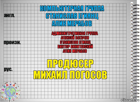 Компьютерная группа
Станислав Егиянц
Алик Мерабов Административная группа
Алексей Богачев
Станислав Егиянц
Виктор Винитевский
Алик Мерабов Продюсер
Михаил Погосов, Комикс  Перевод с английского