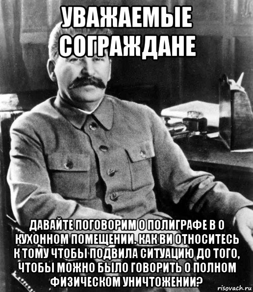 уважаемые сограждане давайте поговорим о полиграфе в о кухонном помещении. как ви относитесь к тому чтобы подвила ситуацию до того, чтобы можно было говорить о полном физическом уничтожении?, Мем  иосиф сталин