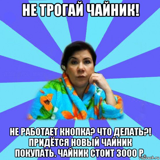 не трогай чайник! не работает кнопка? что делать?! придётся новый чайник покупать. чайник стоит 3000 р., Мем типичная мама