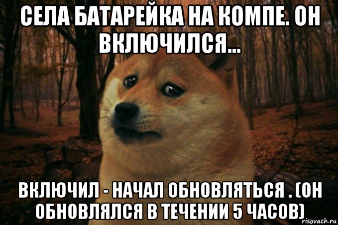 села батарейка на компе. он включился... включил - начал обновляться . (он обновлялся в течении 5 часов), Мем SAD DOGE