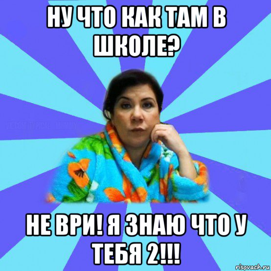 ну что как там в школе? не ври! я знаю что у тебя 2!!!, Мем типичная мама