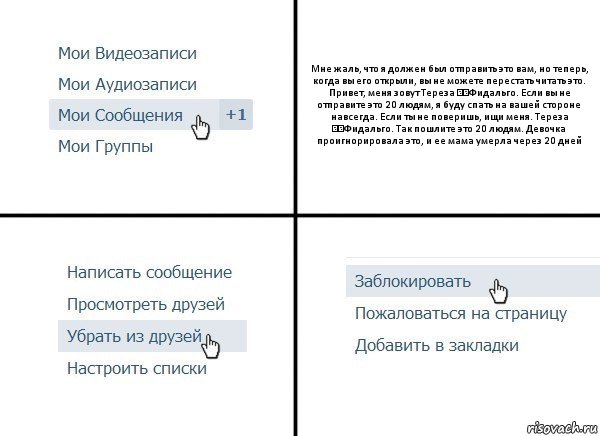 Мне жаль, что я должен был отправить это вам, но теперь, когда вы его открыли, вы не можете перестать читать это. Привет, меня зовут Тереза ​​Фидальго. Если вы не отправите это 20 людям, я буду спать на вашей стороне навсегда. Если ты не поверишь, ищи меня. Тереза ​​Фидальго. Так пошлите это 20 людям. Девочка проигнорировала это, и ее мама умерла через 20 дней, Комикс  Удалить из друзей