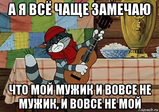 а я всё чаще замечаю что мой мужик и вовсе не мужик, и вовсе не мой, Мем Грустный Матроскин с гитарой