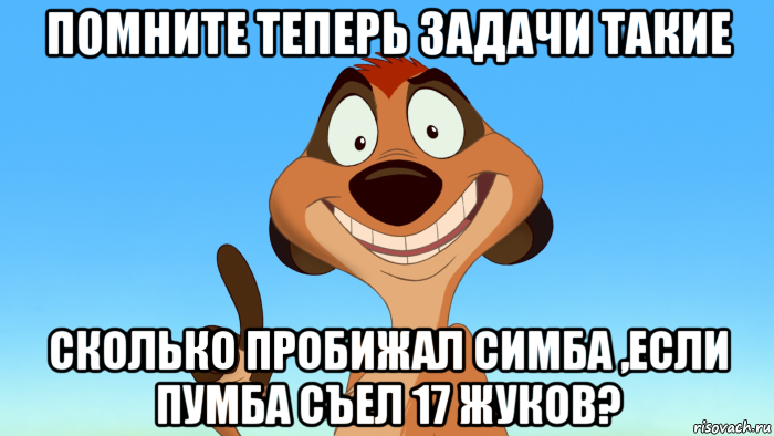 помните теперь задачи такие сколько пробижал симба ,если пумба съел 17 жуков?, Мем Тимон советует