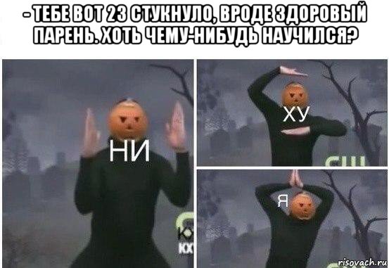 - тебе вот 23 стукнуло, вроде здоровый парень. хоть чему-нибудь научился? , Мем  Ни ху Я