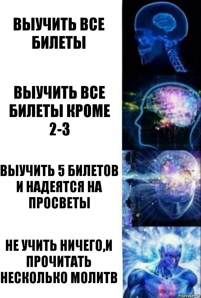 выучить все билеты выучить все билеты кроме 2-3 выучить 5 билетов и надеятся на просветы не учить ничего,и прочитать несколько молитв, Комикс  Сверхразум