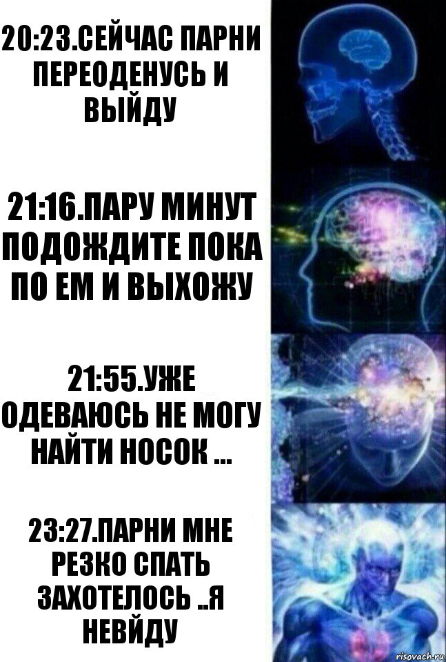 20:23.сейчас парни переоденусь и выйду 21:16.пару минут подождите пока по ем и выхожу 21:55.уже одеваюсь не могу найти носок ... 23:27.парни мне резко спать захотелось ..я невйду, Комикс  Сверхразум