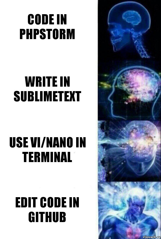 Code in Phpstorm write in sublimetext use vi/nano in terminal edit code in github, Комикс  Сверхразум