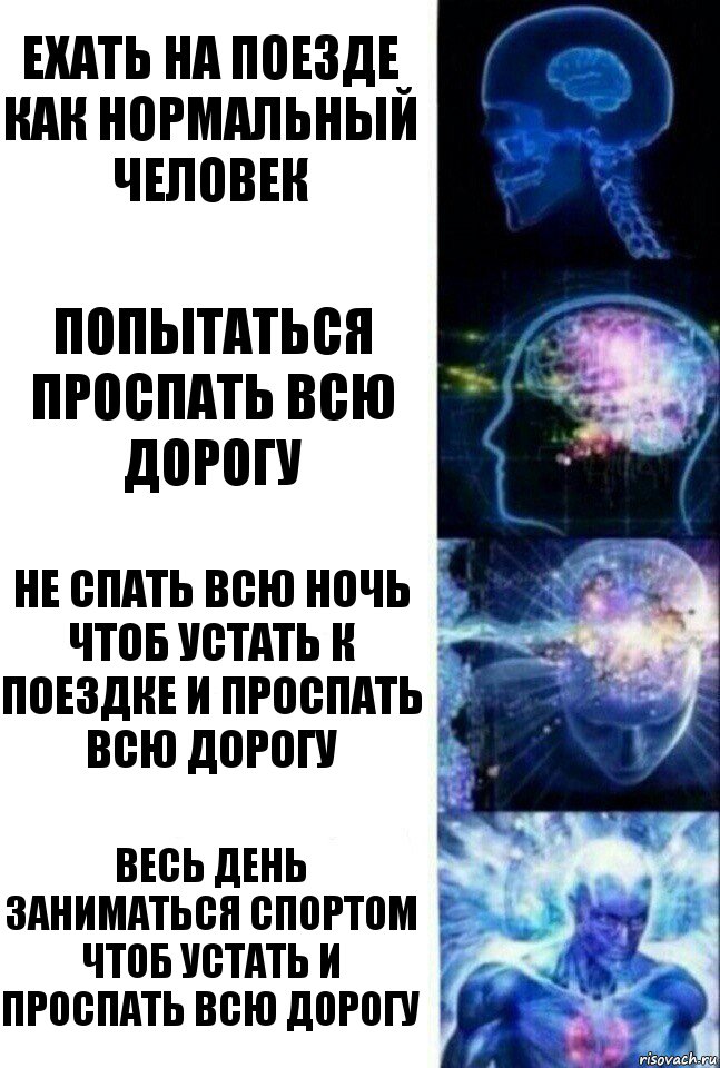 Ехать на поезде как нормальный человек Попытаться проспать всю дорогу Не спать всю ночь чтоб устать к поездке и проспать всю дорогу Весь день заниматься спортом чтоб устать и проспать всю дорогу, Комикс  Сверхразум