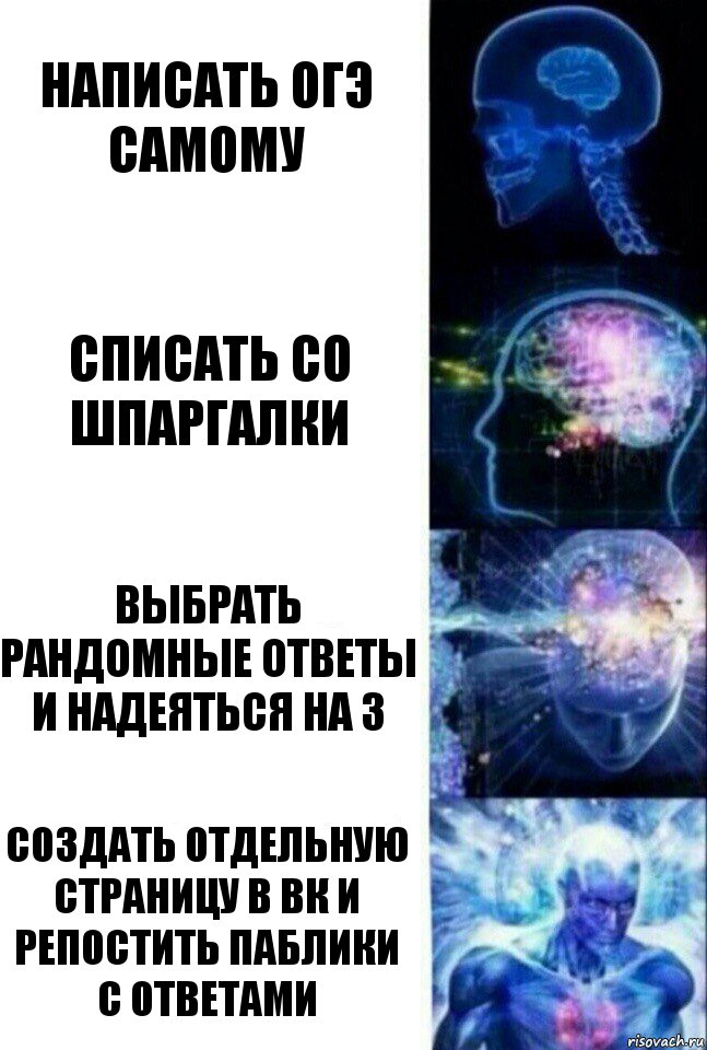 Написать огэ самому Списать со шпаргалки Выбрать рандомные ответы и надеяться на 3 Создать отдельную страницу в вк и репостить паблики с ответами, Комикс  Сверхразум