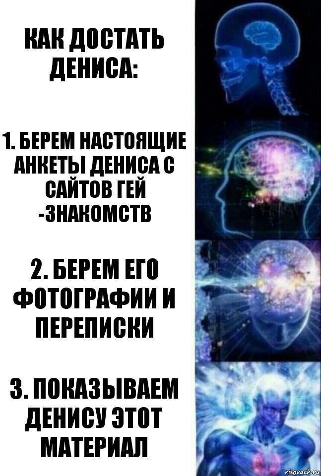 Как достать Дениса: 1. Берем настоящие анкеты Дениса с сайтов гей -знакомств 2. Берем его фотографии и переписки 3. Показываем Денису этот материал, Комикс  Сверхразум