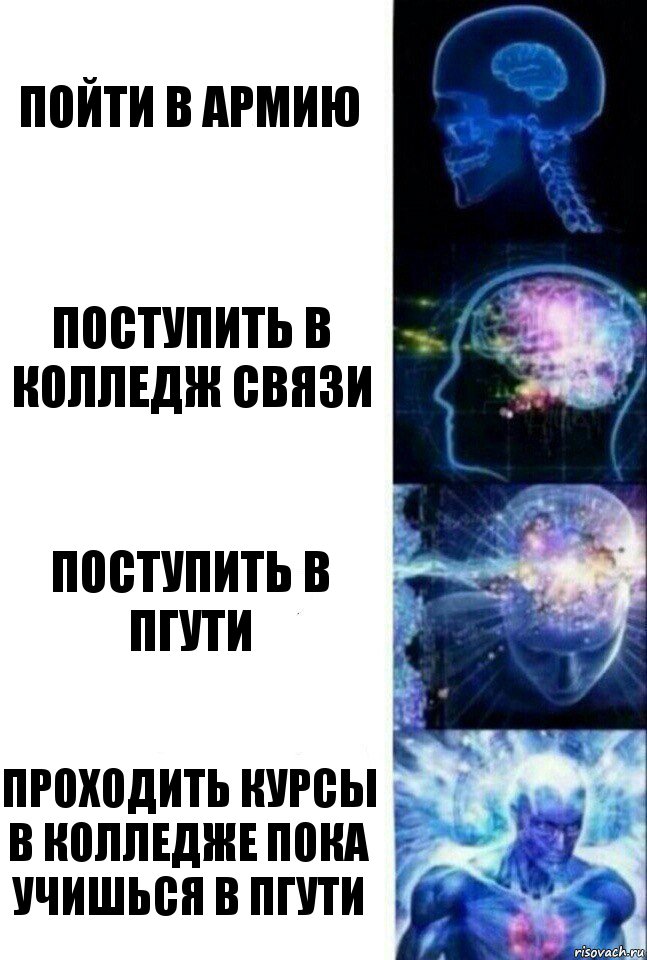 Пойти в армию Поступить в колледж связи Поступить в пгути Проходить курсы в колледже пока учишься в пгути, Комикс  Сверхразум