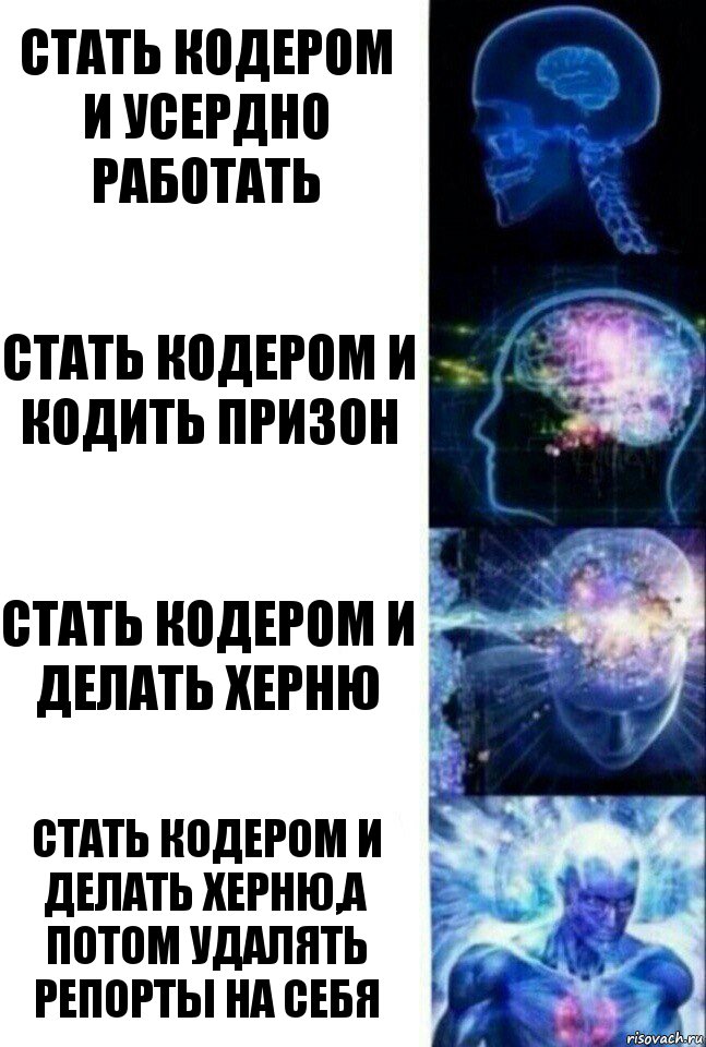 Стать кодером и усердно работать Стать кодером и кодить призон Стать кодером и делать херню Стать кодером и делать херню,а потом удалять репорты на себя, Комикс  Сверхразум