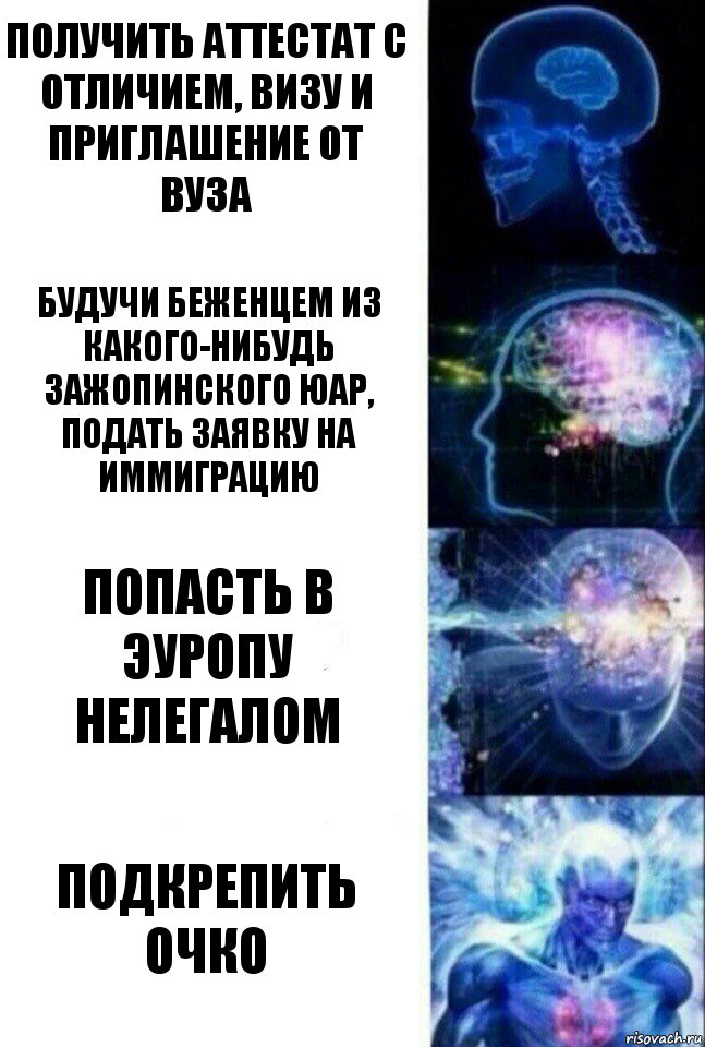 Получить аттестат с отличием, визу и приглашение от ВУЗа Будучи беженцем из какого-нибудь зажопинского ЮАР, подать заявку на иммиграцию Попасть в Эуропу нелегалом Подкрепить очко, Комикс  Сверхразум