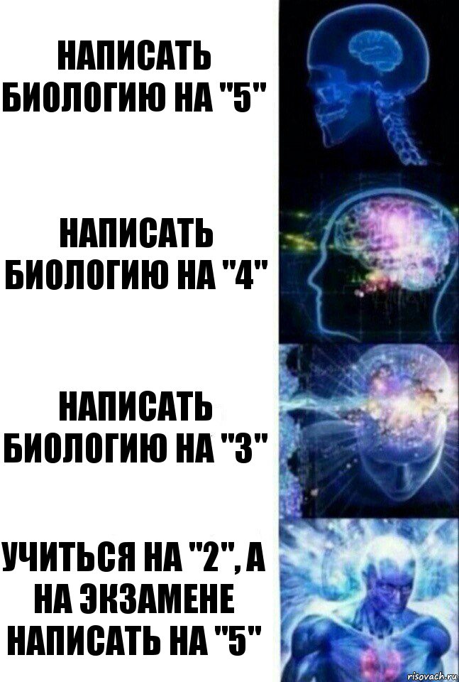 Написать биологию на "5" написать биологию на "4" написать биологию на "3" учиться на "2", а на экзамене написать на "5", Комикс  Сверхразум