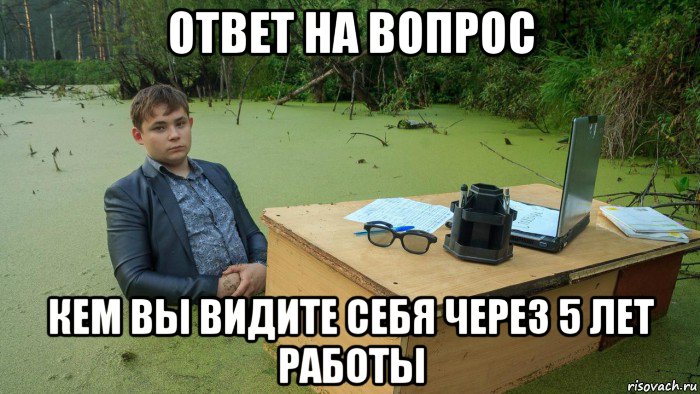 ответ на вопрос кем вы видите себя через 5 лет работы, Мем  Парень сидит в болоте