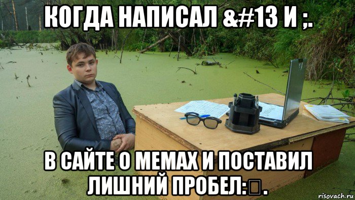 когда написал &#13 и ;. в сайте о мемах и поставил лишний пробел:&#13;., Мем  Парень сидит в болоте