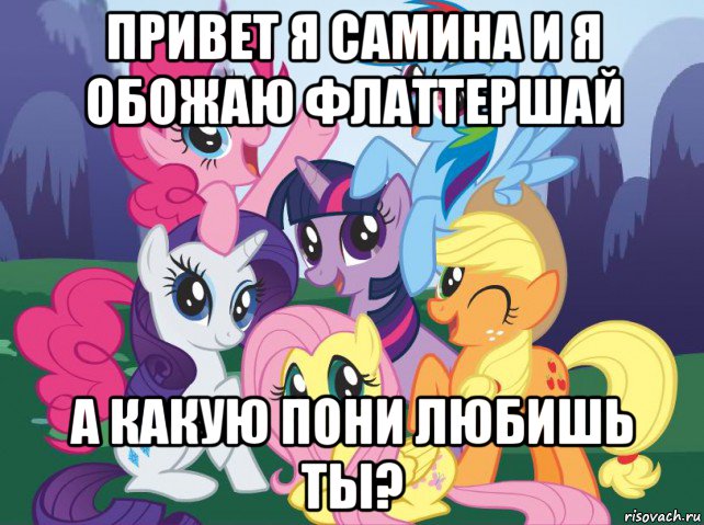 привет я самина и я обожаю флаттершай а какую пони любишь ты?, Мем My little pony