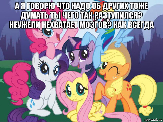 а я говорю что надо об других тоже думать ты чего так разтупился? неужели нехватает мозгов? как всегда , Мем My little pony