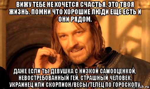 вижу тебе не хочется счастья. это твоя жизнь. помни что хорошие люди еще есть и они рядом. даже если ты девушка с низкой самооценкой, невостребованный гей, страшный человек, украинец или скорпион/весы/телец по гороскопу, Мем Нельзя просто так взять и (Боромир мем)