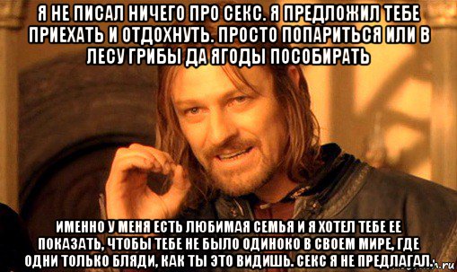 я не писал ничего про секс. я предложил тебе приехать и отдохнуть. просто попариться или в лесу грибы да ягоды пособирать именно у меня есть любимая семья и я хотел тебе ее показать, чтобы тебе не было одиноко в своем мире, где одни только бляди, как ты это видишь. секс я не предлагал., Мем Нельзя просто так взять и (Боромир мем)