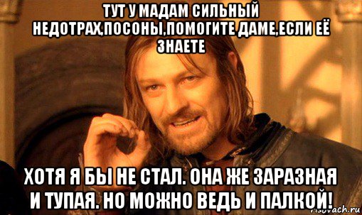 тут у мадам сильный недотрах,посоны,помогите даме,если её знаете хотя я бы не стал. она же заразная и тупая. но можно ведь и палкой!, Мем Нельзя просто так взять и (Боромир мем)