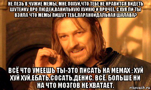 не лезь в чужие мемы, мне похуй,что тебе не нравится видеть шутейку про людей,ванильную хуйню и прочее. с хуя ли ты взяла что мемы пишут тебе,параноидальная шалава? всё что умеешь ты-это писать на мемах : хуй хуй хуй,ебать,сосать,денис. всё. больше ни на что мозгов не хватает., Мем Нельзя просто так взять и (Боромир мем)