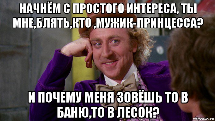 начнём с простого интереса, ты мне,блять,кто ,мужик-принцесса? и почему меня зовёшь то в баню,то в лесок?, Мем Ну давай расскажи (Вилли Вонка)