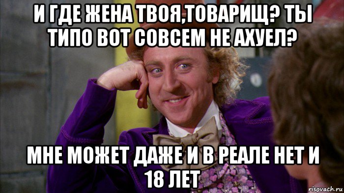 и где жена твоя,товарищ? ты типо вот совсем не ахуел? мне может даже и в реале нет и 18 лет, Мем Ну давай расскажи (Вилли Вонка)