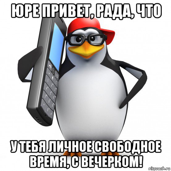 юре привет, рада, что у тебя личное свободное время, с вечерком!, Мем   Пингвин звонит