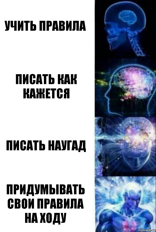 Учить правила Писать как кажется Писать наугад Придумывать свои правила на ходу, Комикс  Сверхразум