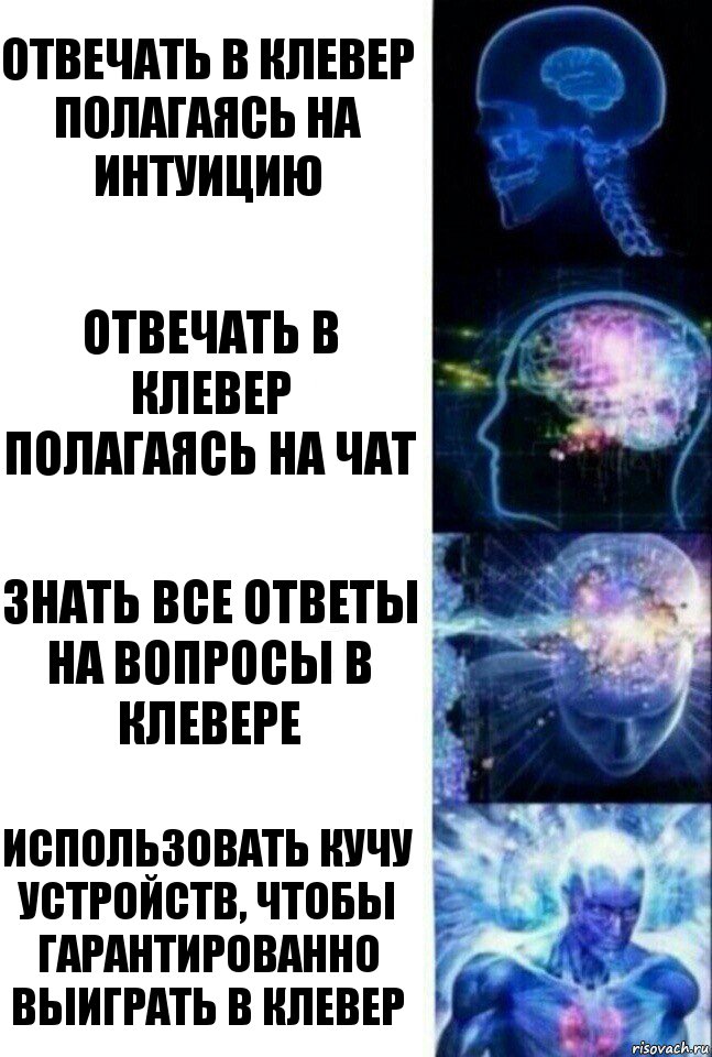 Отвечать в клевер полагаясь на интуицию Отвечать в клевер полагаясь на чат Знать все ответы на вопросы в клевере Использовать кучу устройств, чтобы гарантированно выиграть в клевер, Комикс  Сверхразум