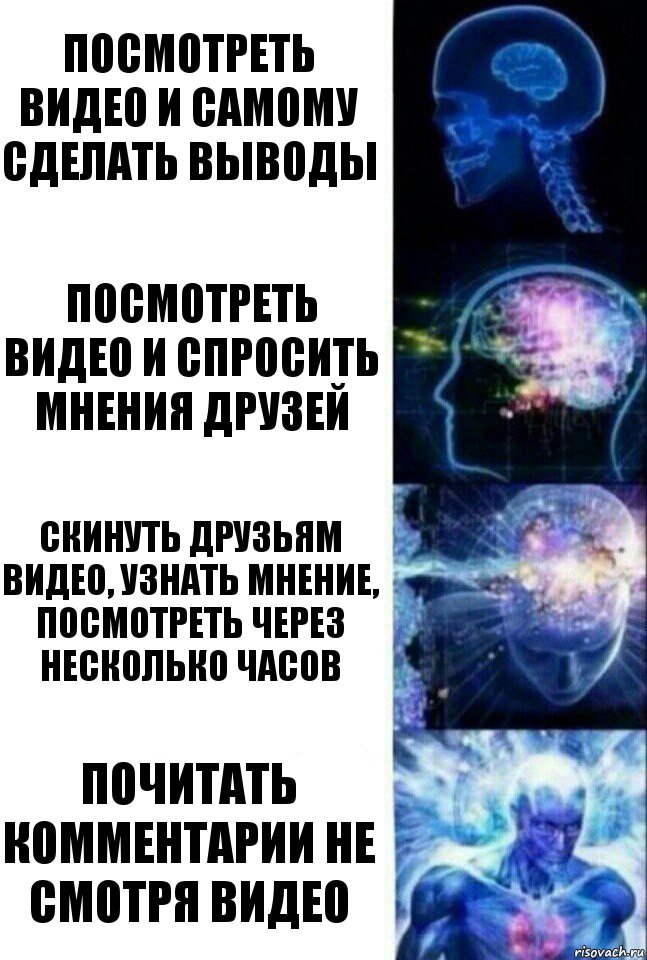 Посмотреть видео и самому сделать выводы Посмотреть видео и спросить мнения друзей Скинуть друзьям видео, узнать мнение, посмотреть через несколько часов Почитать комментарии не смотря видео, Комикс  Сверхразум