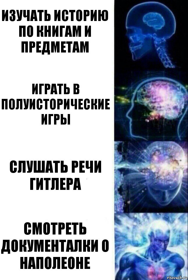 Изучать историю по книгам и предметам Играть в полуисторические игры Слушать речи гитлера Смотреть документалки о Наполеоне, Комикс  Сверхразум