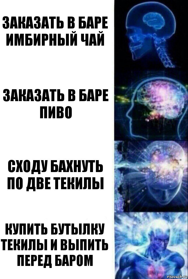 Заказать в баре имбирный чай Заказать в баре пиво Сходу бахнуть по две текилы Купить бутылку текилы и выпить перед баром, Комикс  Сверхразум