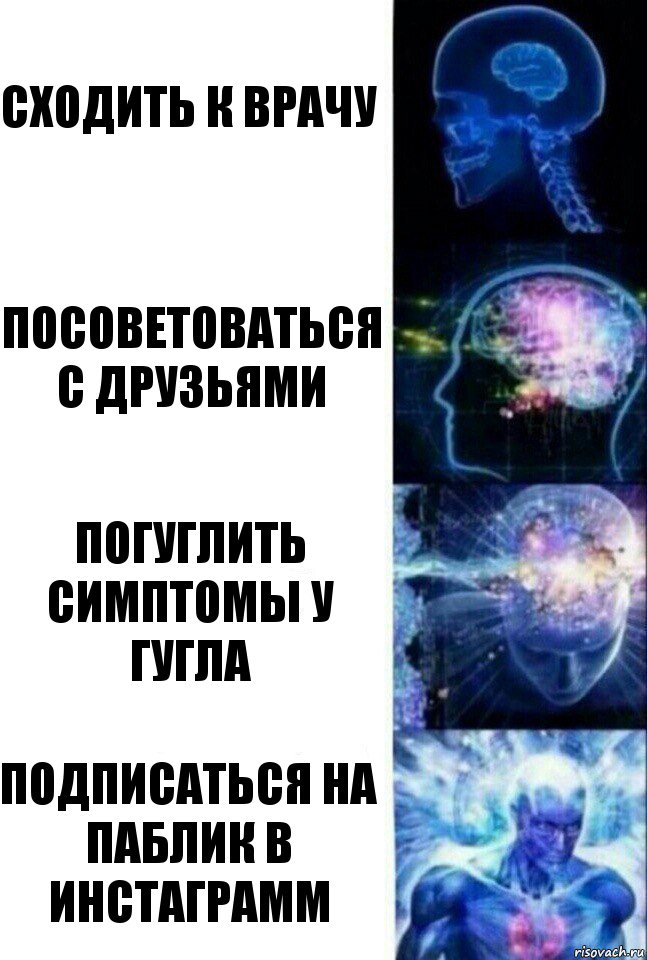 Сходить к врачу Посоветоваться с друзьями Погуглить симптомы у гугла Подписаться на паблик в инстаграмм, Комикс  Сверхразум