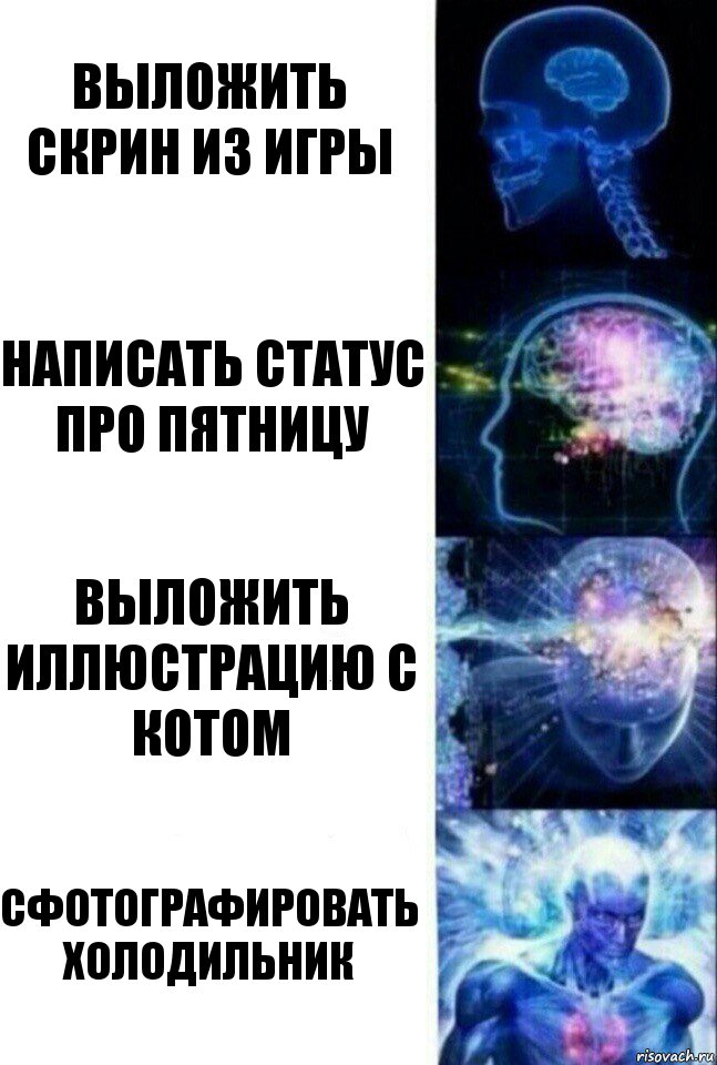 Выложить скрин из игры Написать статус про пятницу Выложить иллюстрацию с котом Сфотографировать холодильник, Комикс  Сверхразум