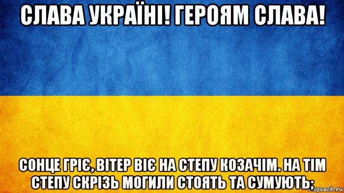 слава україні! героям слава! сонце гріє, вітер віє на степу козачім. на тім степу скрізь могили стоять та сумують;, Мем Слава Україні