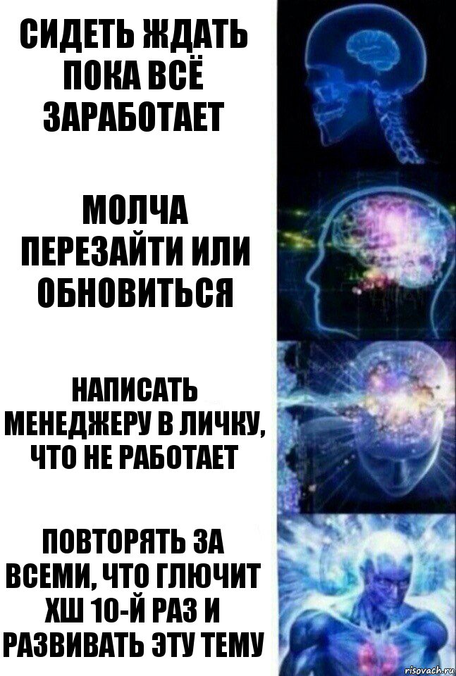 сидеть ждать пока всё заработает молча перезайти или обновиться написать менеджеру в личку, что не работает повторять за всеми, что глючит ХШ 10-й раз и развивать эту тему, Комикс  Сверхразум