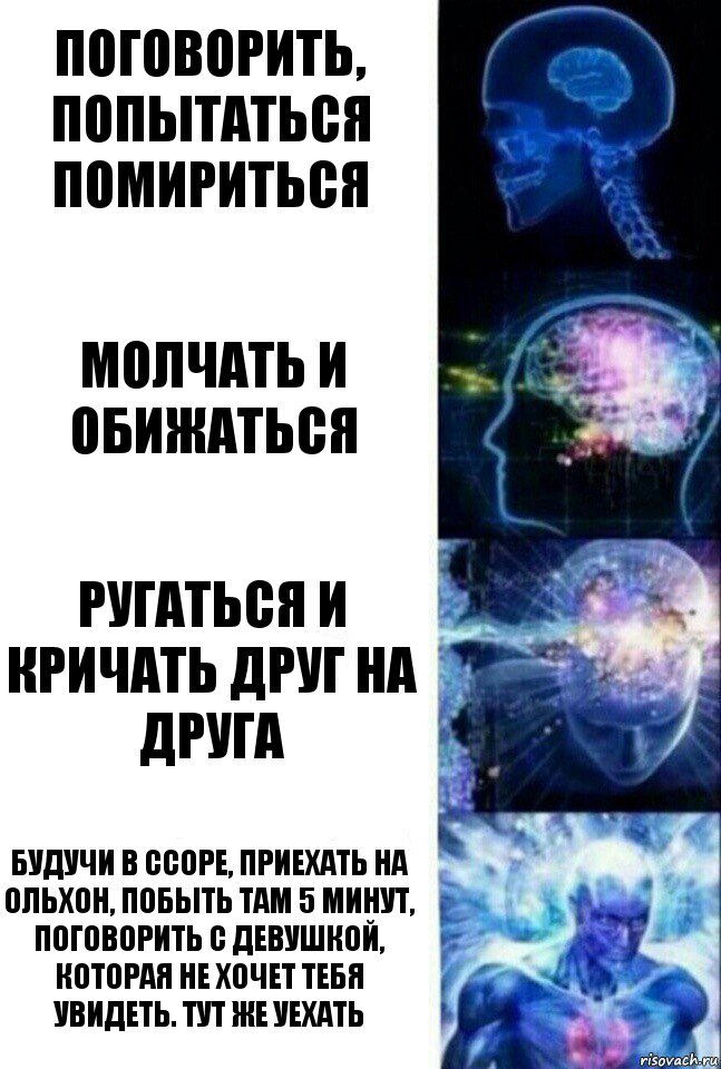 Поговорить, попытаться помириться Молчать и обижаться Ругаться и кричать друг на друга Будучи в ссоре, приехать на ольхон, побыть там 5 минут, поговорить с девушкой, которая не хочет тебя увидеть. Тут же уехать, Комикс  Сверхразум