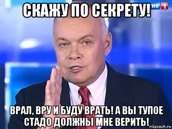 скажу по секрету! врал, вру и буду врать! а вы тупое стадо должны мне верить!, Мем Киселёв 2014