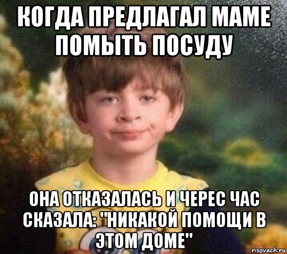 когда предлагал маме помыть посуду она отказалась и черес час сказала: "никакой помощи в этом доме", Мем Недовольный пацан