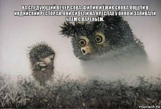 На следующий вечер Сова-Филин и Ёжик снова пошли в индийский ресторан. Они сидели на креслах у окно и запивали чаем с вареньем. , Комикс Я те говорю