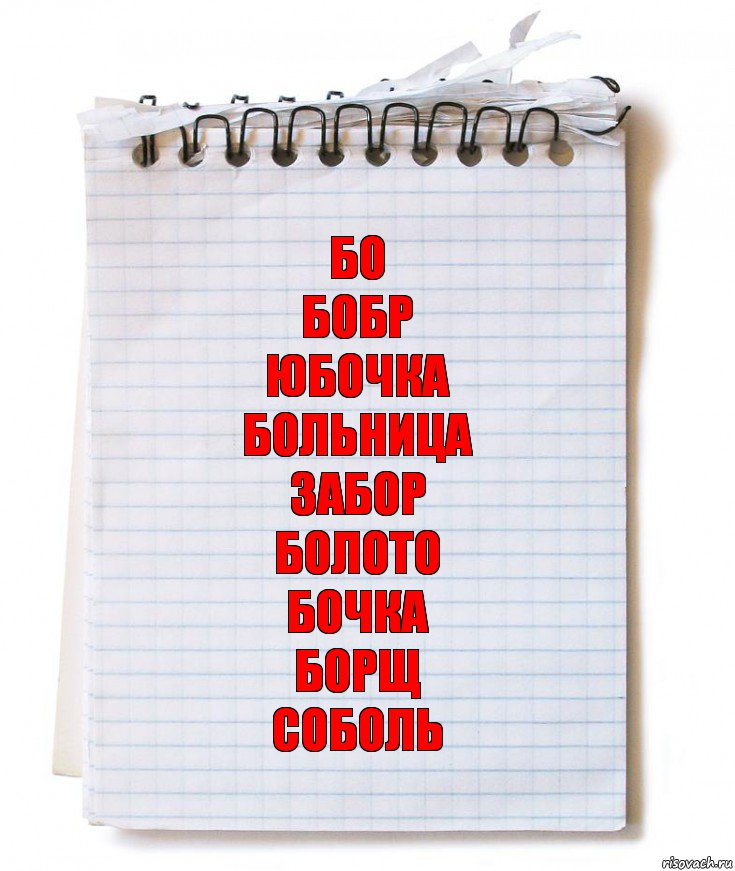 Бо
Бобр
Юбочка
Больница
Забор
Болото
Бочка
Борщ
Соболь, Комикс   блокнот с пружинкой