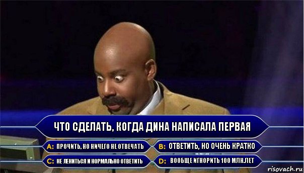 Что сделать, когда Дина написала первая Прочить, но ничего не отвечать Ответить, но очень кратко Не лениться и нормально ответить Вообще игнорить 100 млн.лет, Комикс      Кто хочет стать миллионером