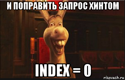 и поправить запрос хинтом index = 0, Мем Осел из Шрека