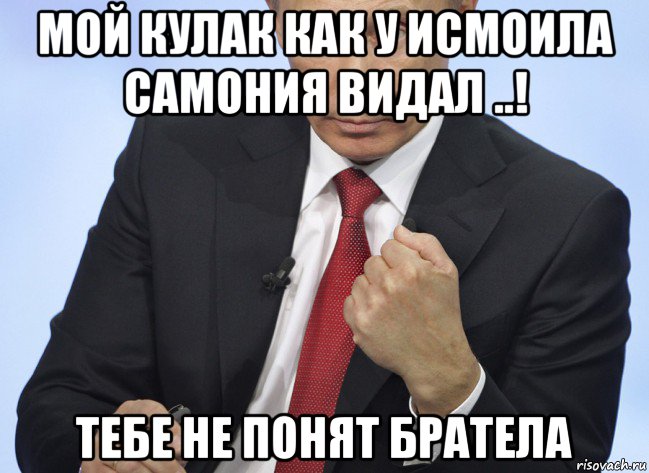 мой кулак как у исмоила самония видал ..! тебе не понят братела, Мем Путин показывает кулак